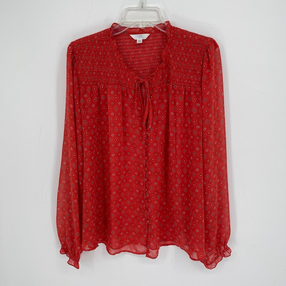 Time and Tru Women's Red Smocked Medallion Print Peasant Top Blouse Size XXL 20